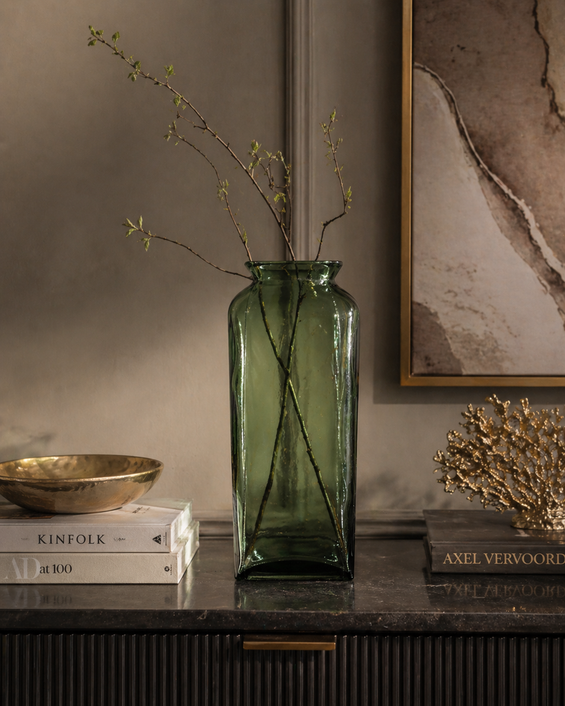 Vaso rettangolare verde in vetro h 35 cm