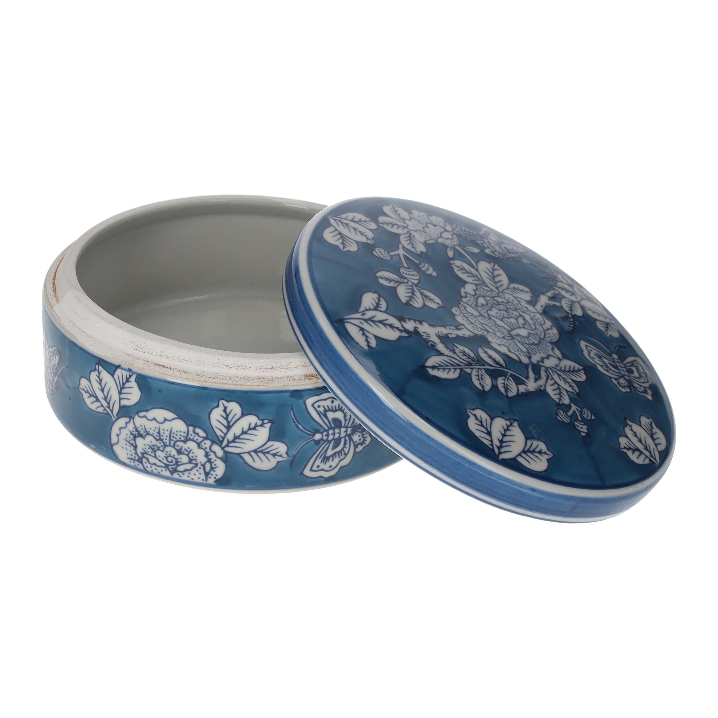 Cofanetto blu e bianco in ceramica h 8 d 17 cm