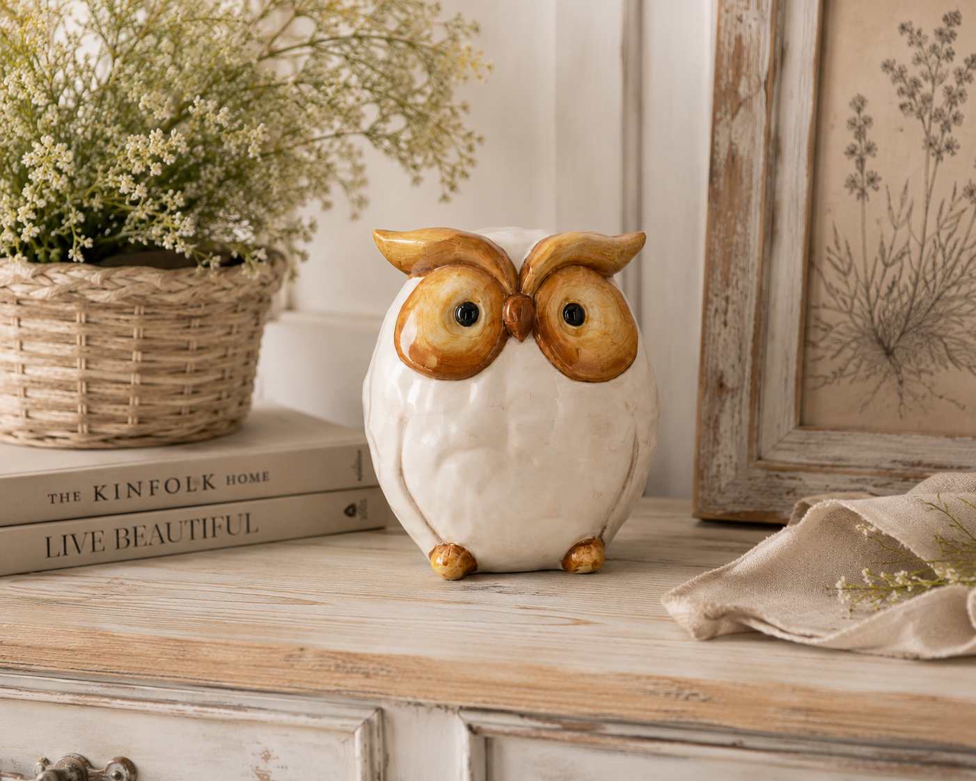Gufo decorativo ceramica artigianale bianco e marrone H37x32x20