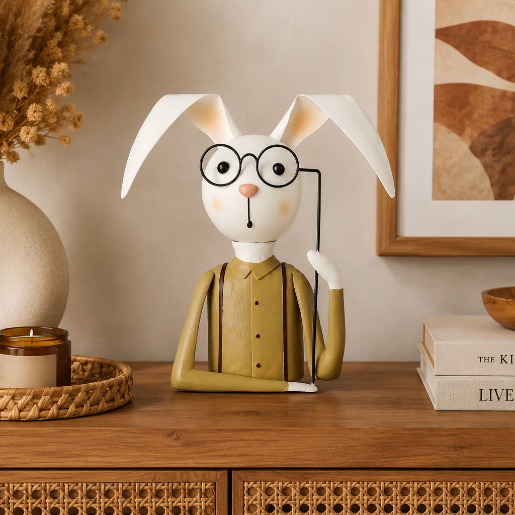 Coniglio decorativo latta con occhiali beige H30x30x9