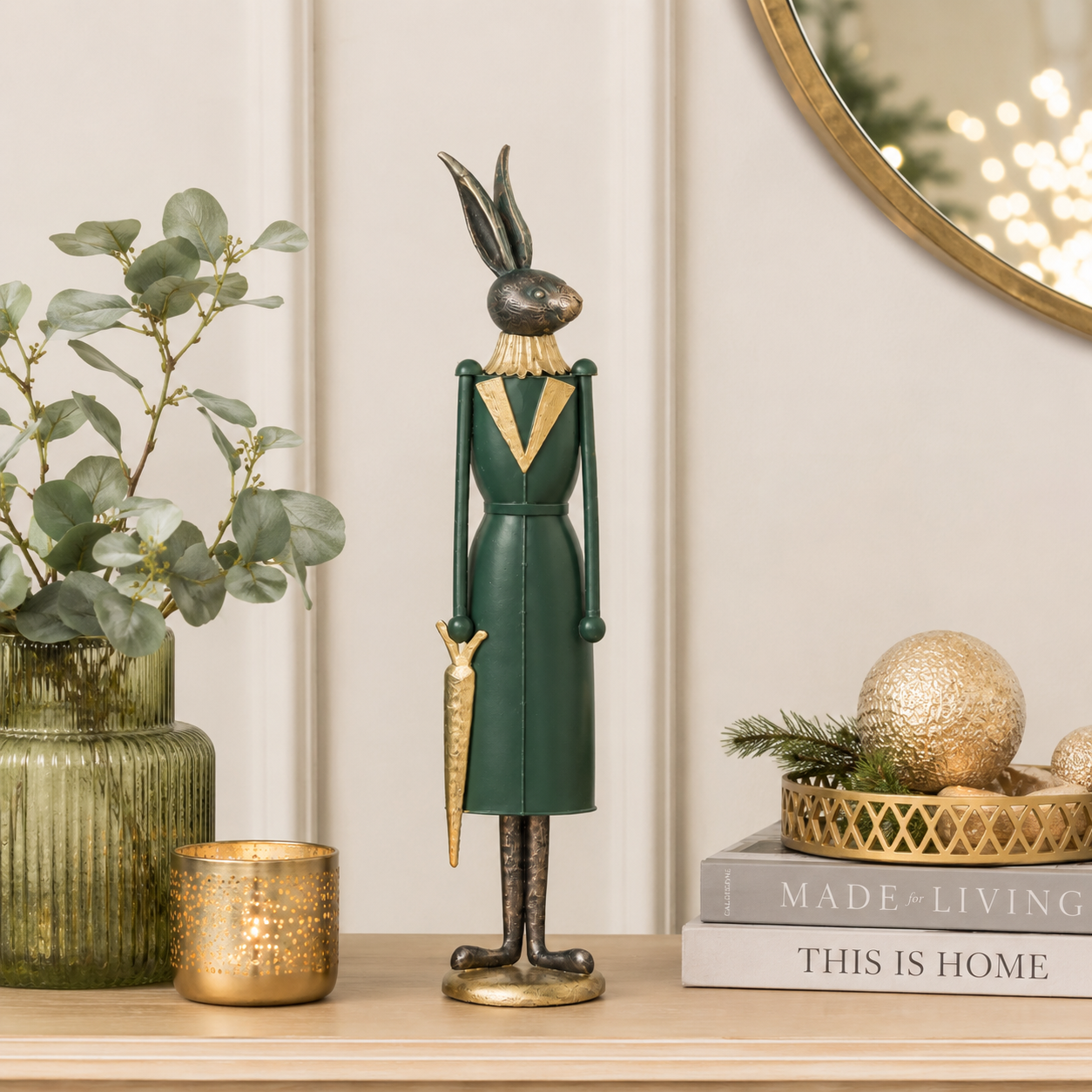 Coniglietto decorativo latta verde/oro ombrello H50 D10