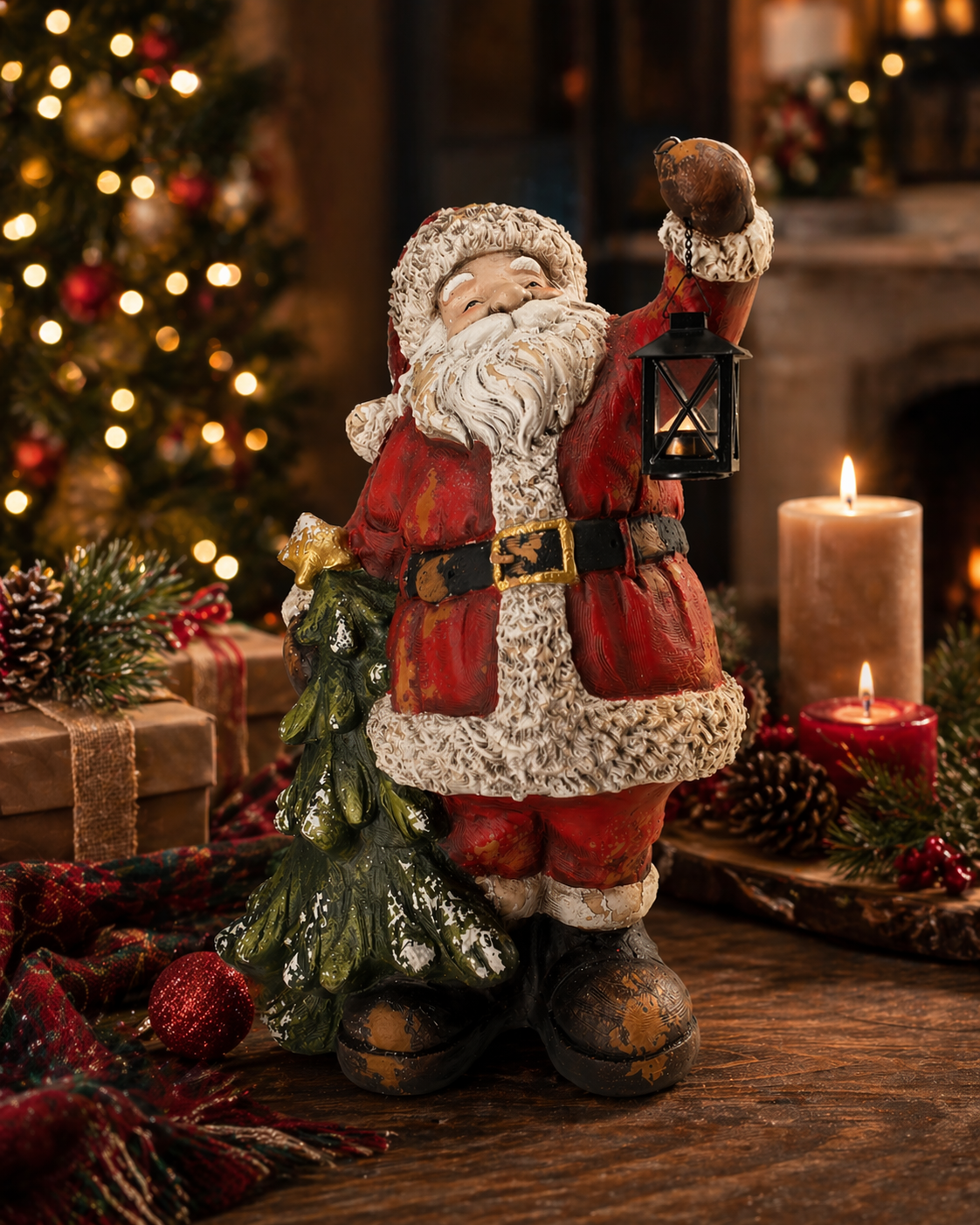 Figura di Babbo Natale con albero e lanterna, in resina