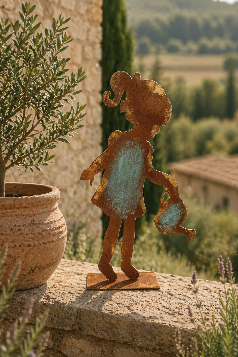 Bimba con innaffiatoio 53x27x10 cm in ferro corten