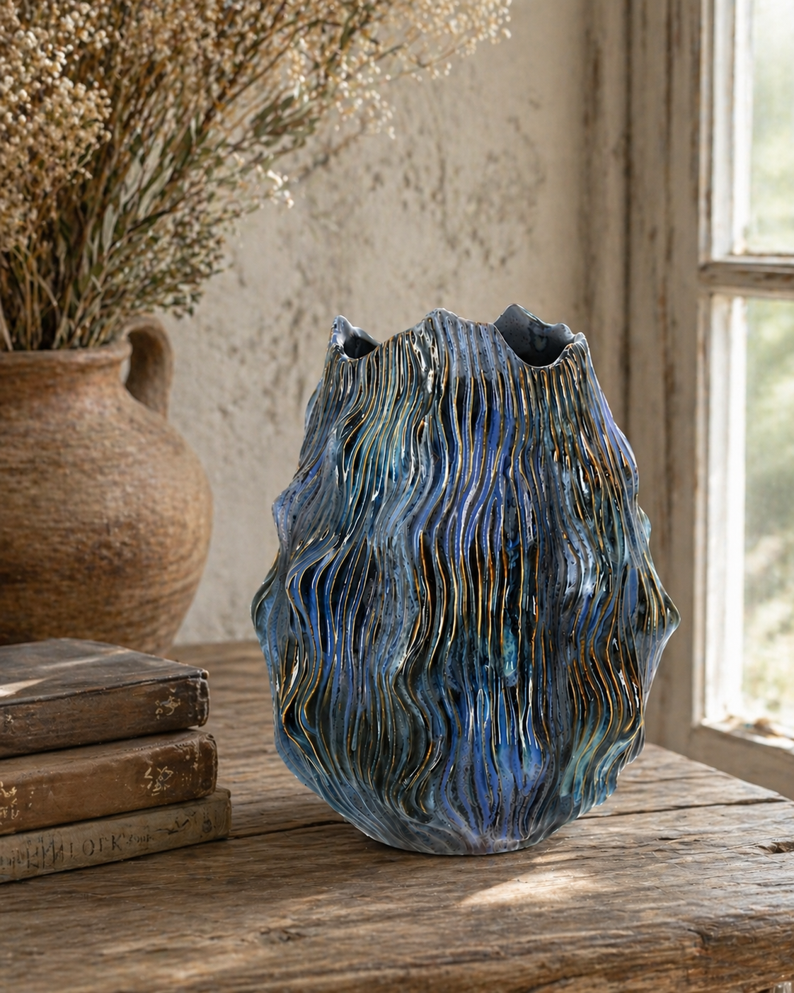Vaso onde blu in ceramica h 32 d 25 cm