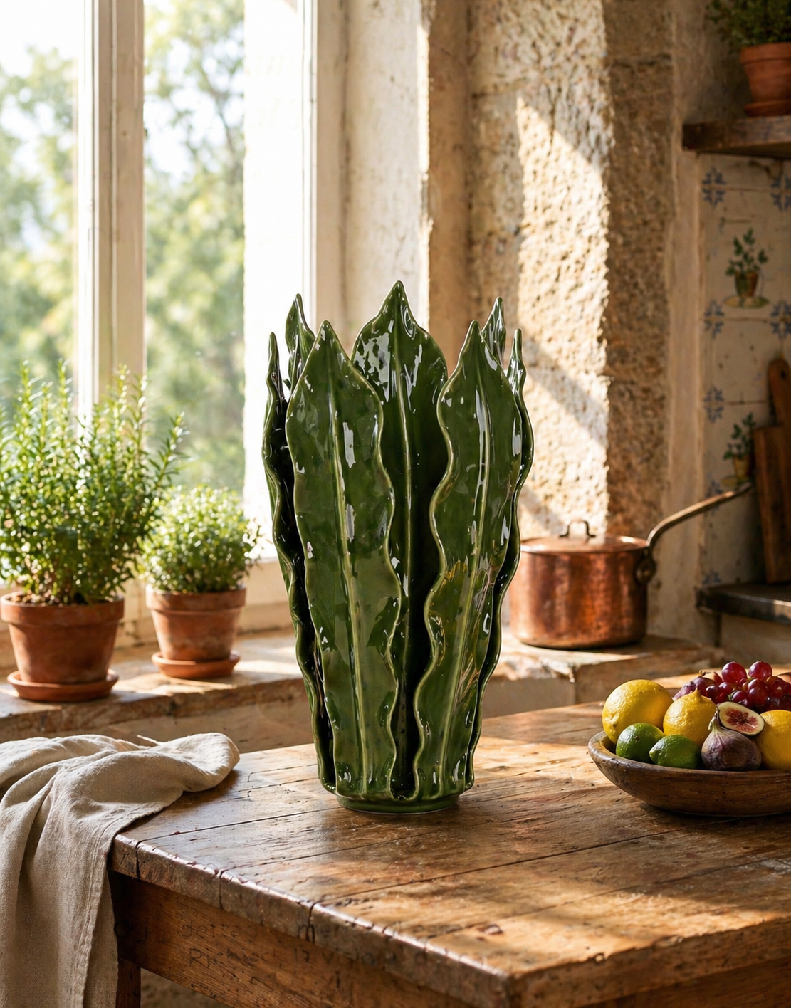 Vaso foglie verde in ceramica h 31 d 18 cm