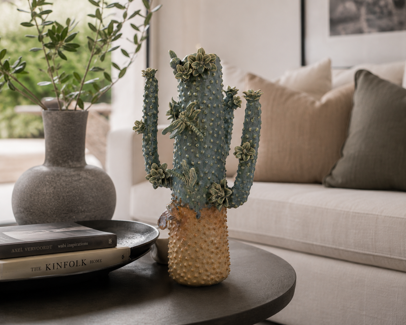 Vaso cactus decorativo verde e senape H50x28x20
