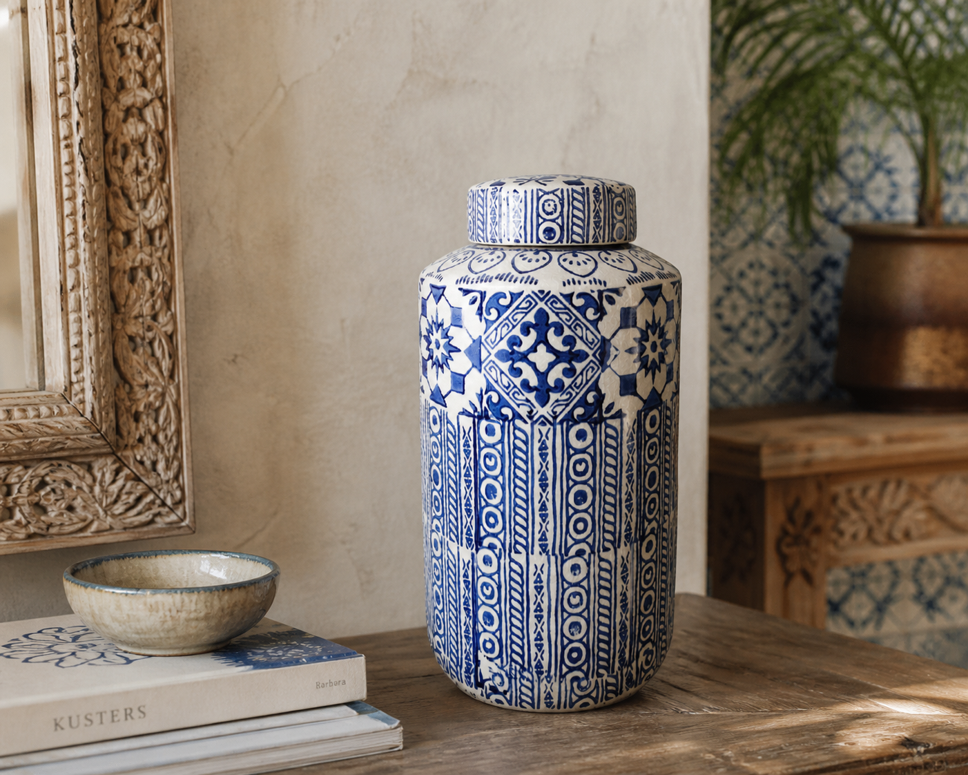 Potiche decoro blu in ceramica d 25 h 45 cm con tappo