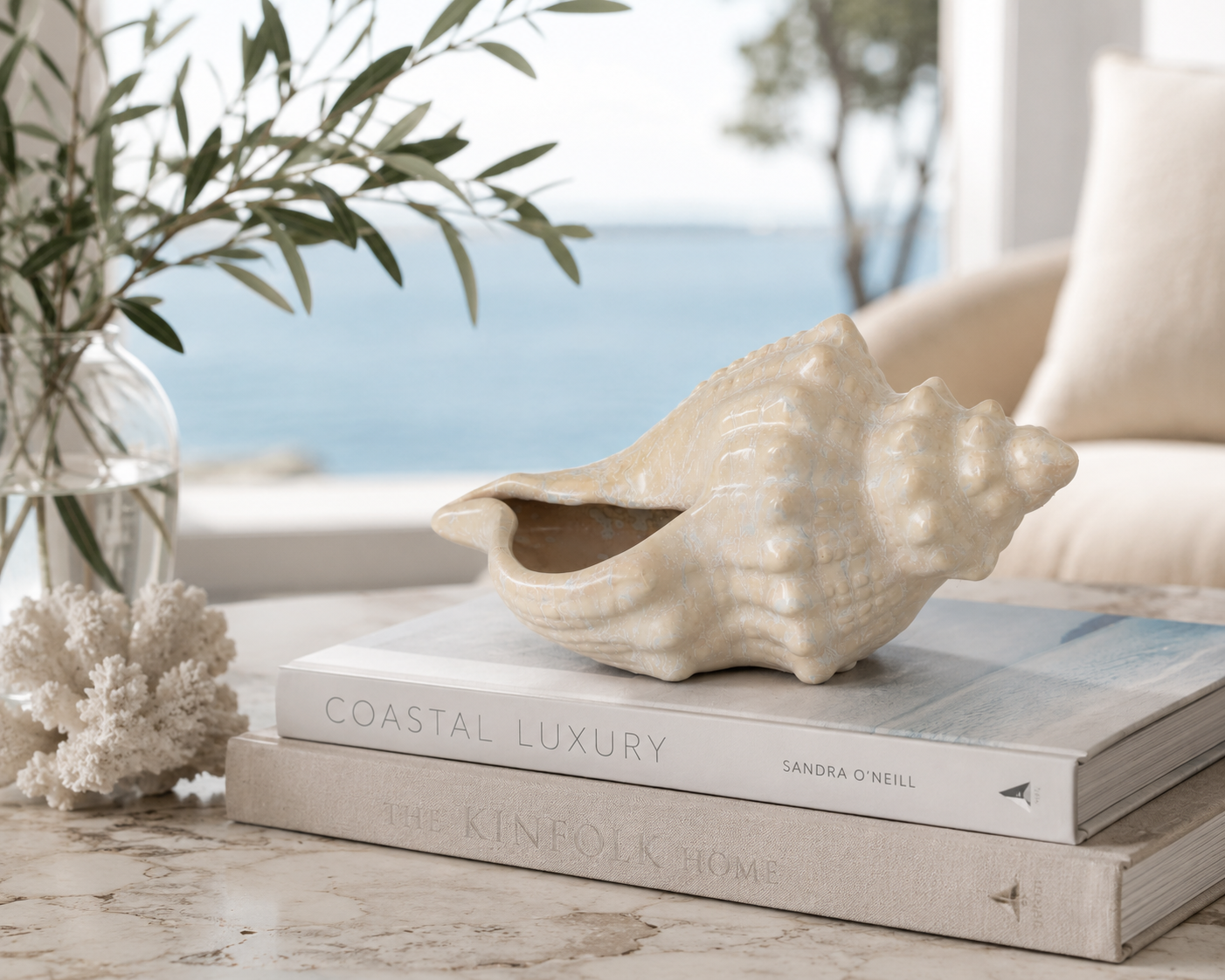 Conchiglia decorativa ceramica bianco avorio H12x25x15