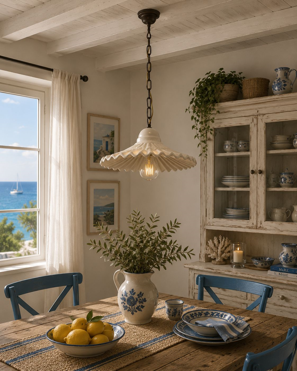 Lampadario a sospensione d 39 cm bianco con catena in ceramica