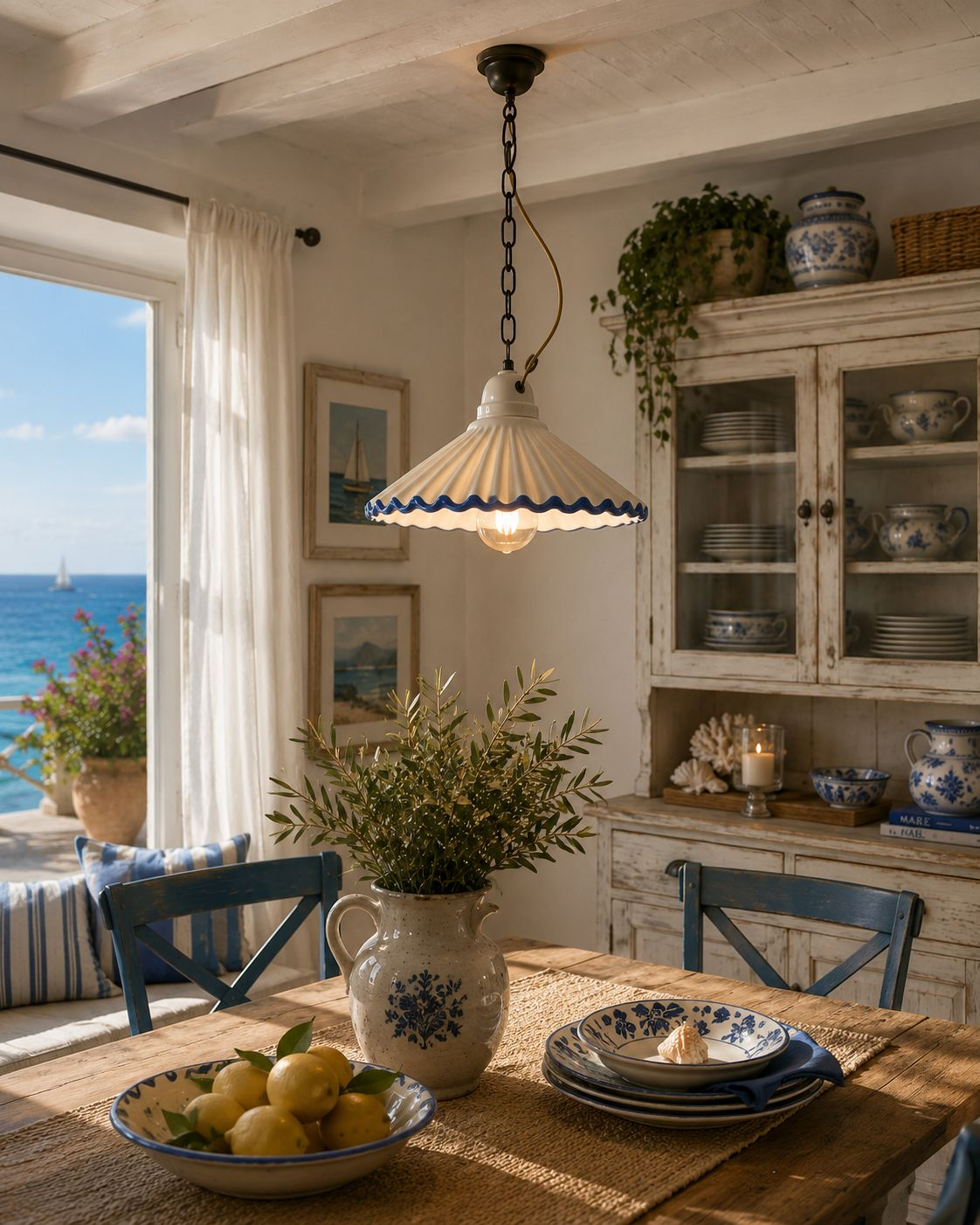 Lampadario cm 39 con catena bordo blu ceramica