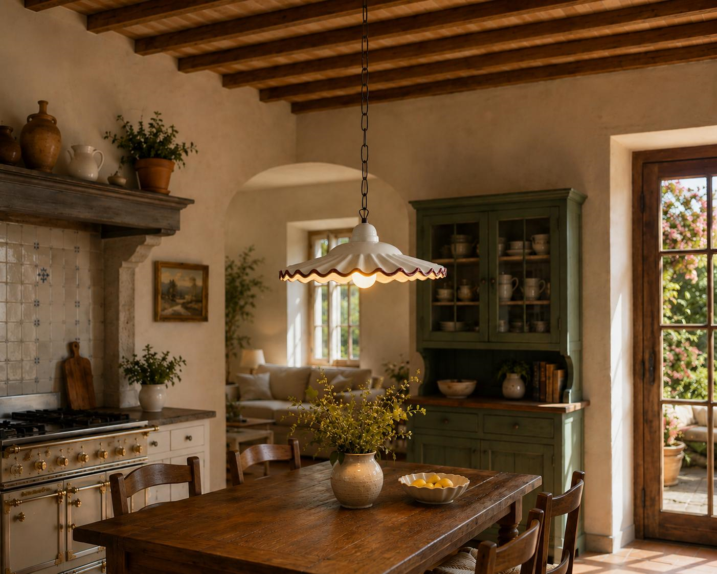 Lampadario fazzoletto bordo marrone cm 39 con catena in ceramica