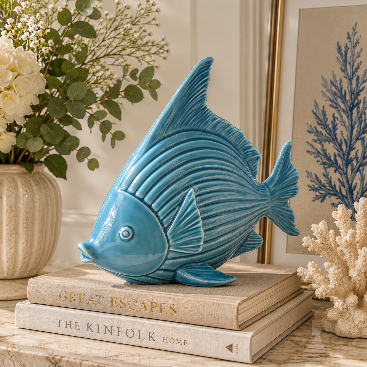 Pesce decorativo ceramica azzurro H25x30x16