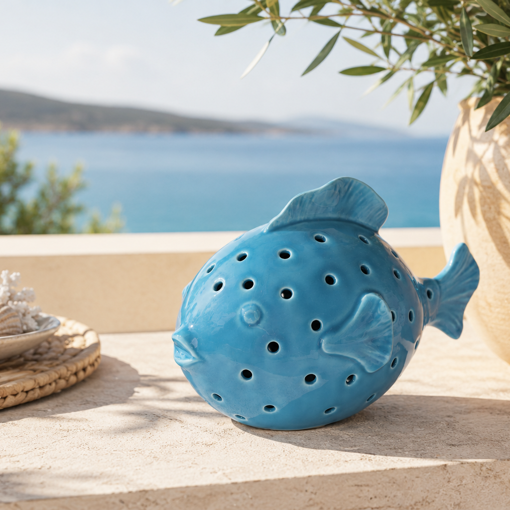 Pesce palla decorativo ceramica azzurro H15x23x14
