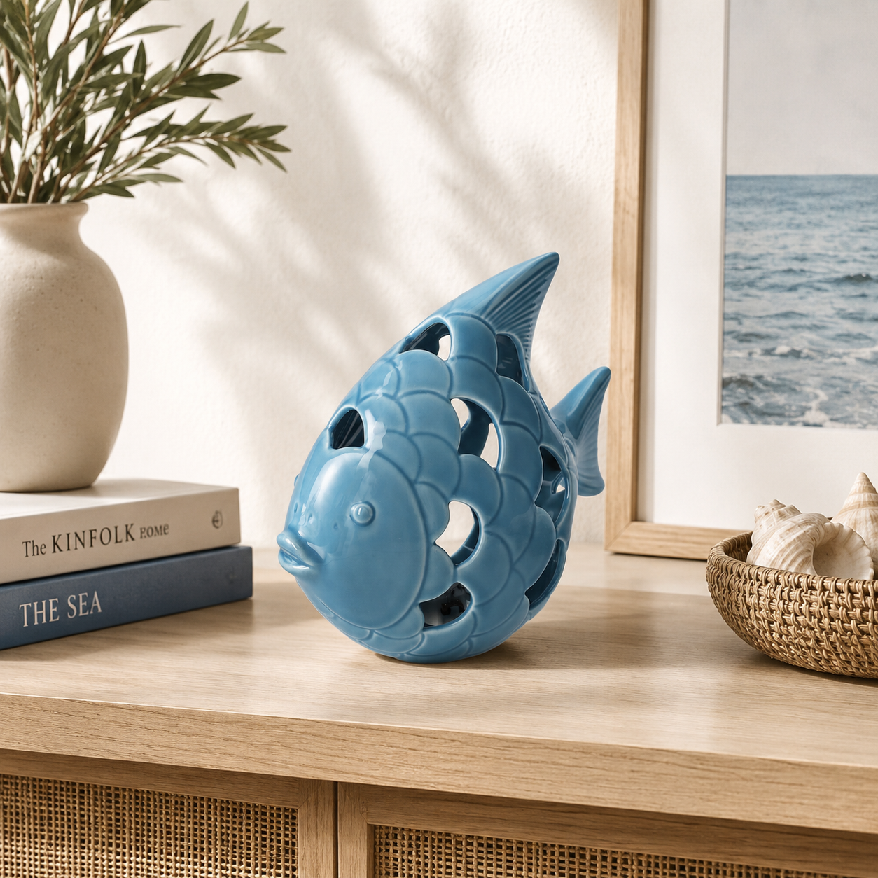Pesce scaglie Led turchese in ceramica 20 x 10 x 18 h cm