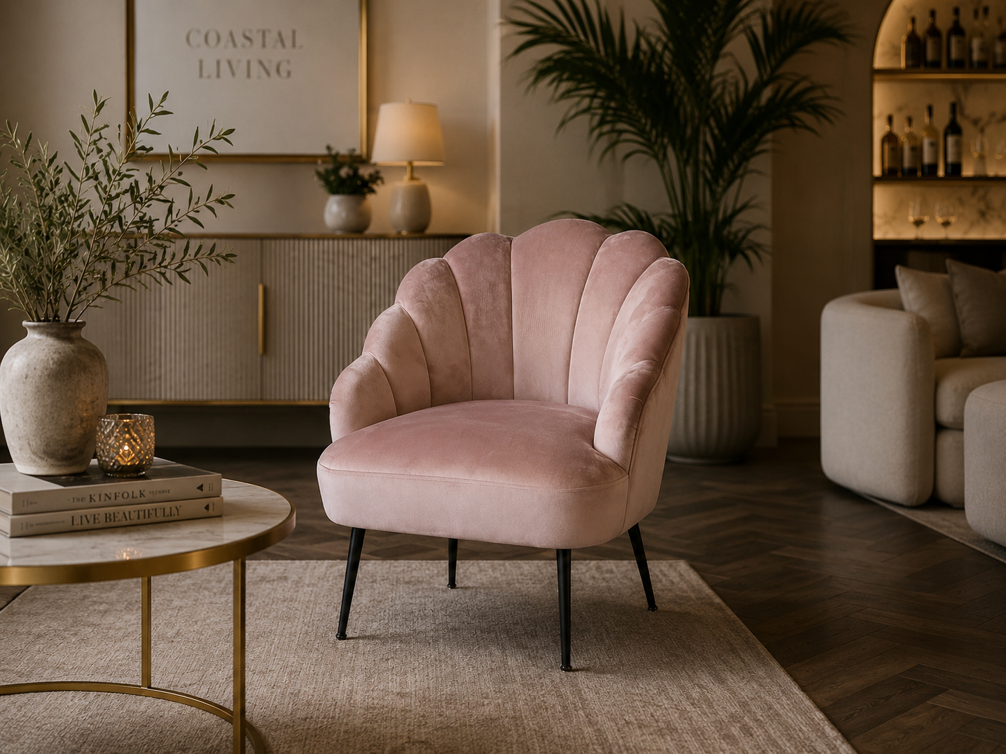 Poltrona ventaglio in velluto rosa h 72 x 64 x 70 cm