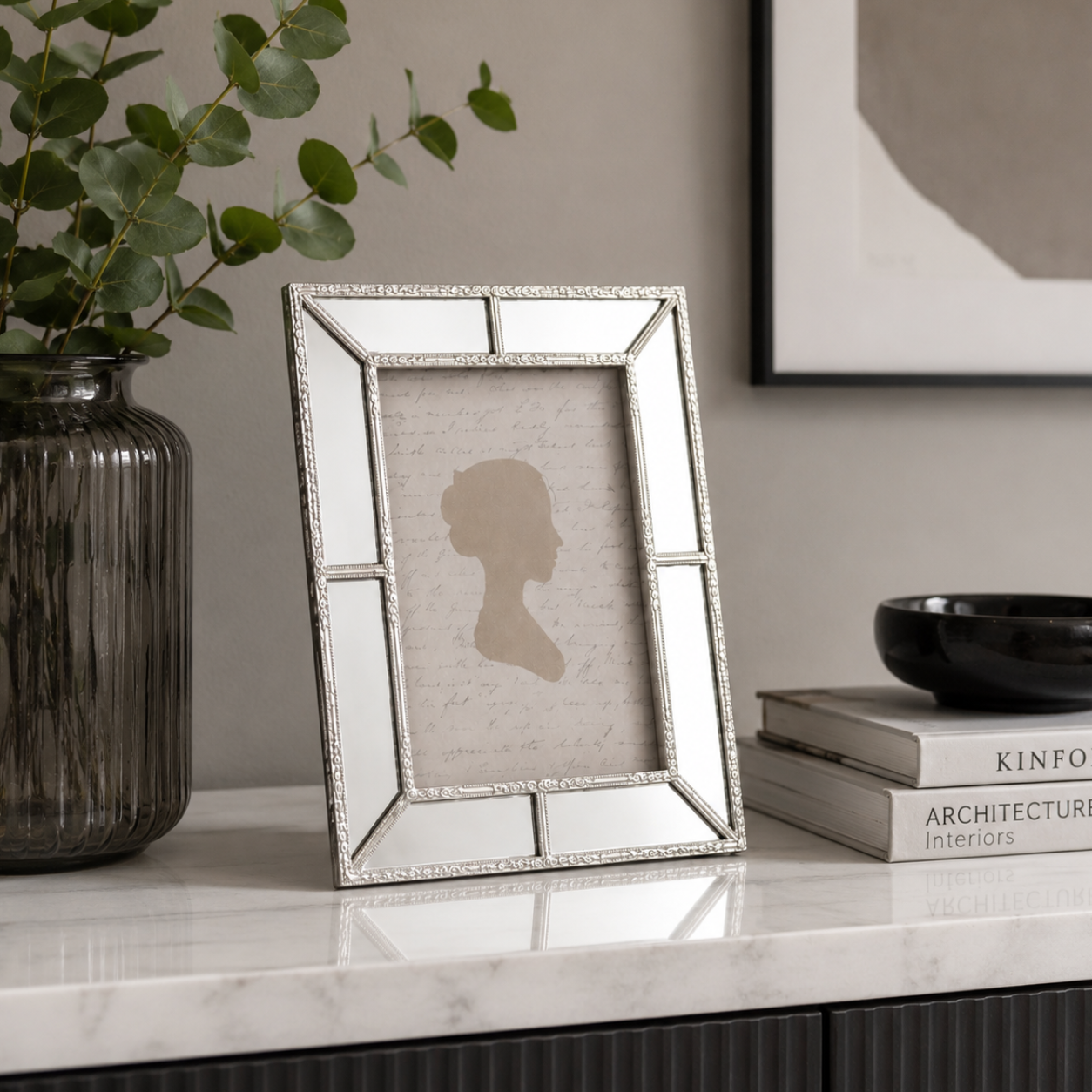 Portafoto resina specchi bianco grigio 24x19 cm