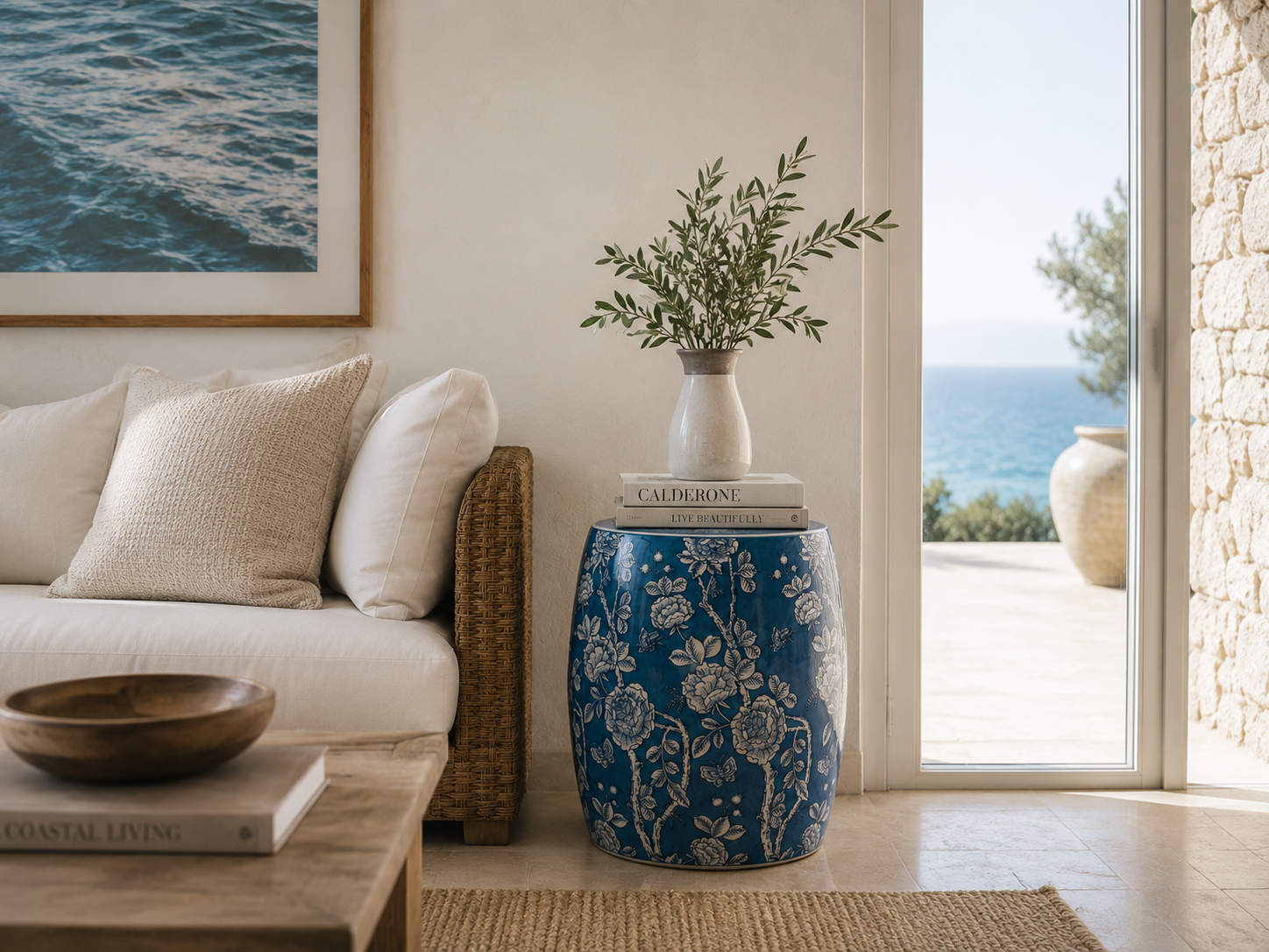 Pouf in porcellana blu con decori bianchi h 45 x Ø 28 cm