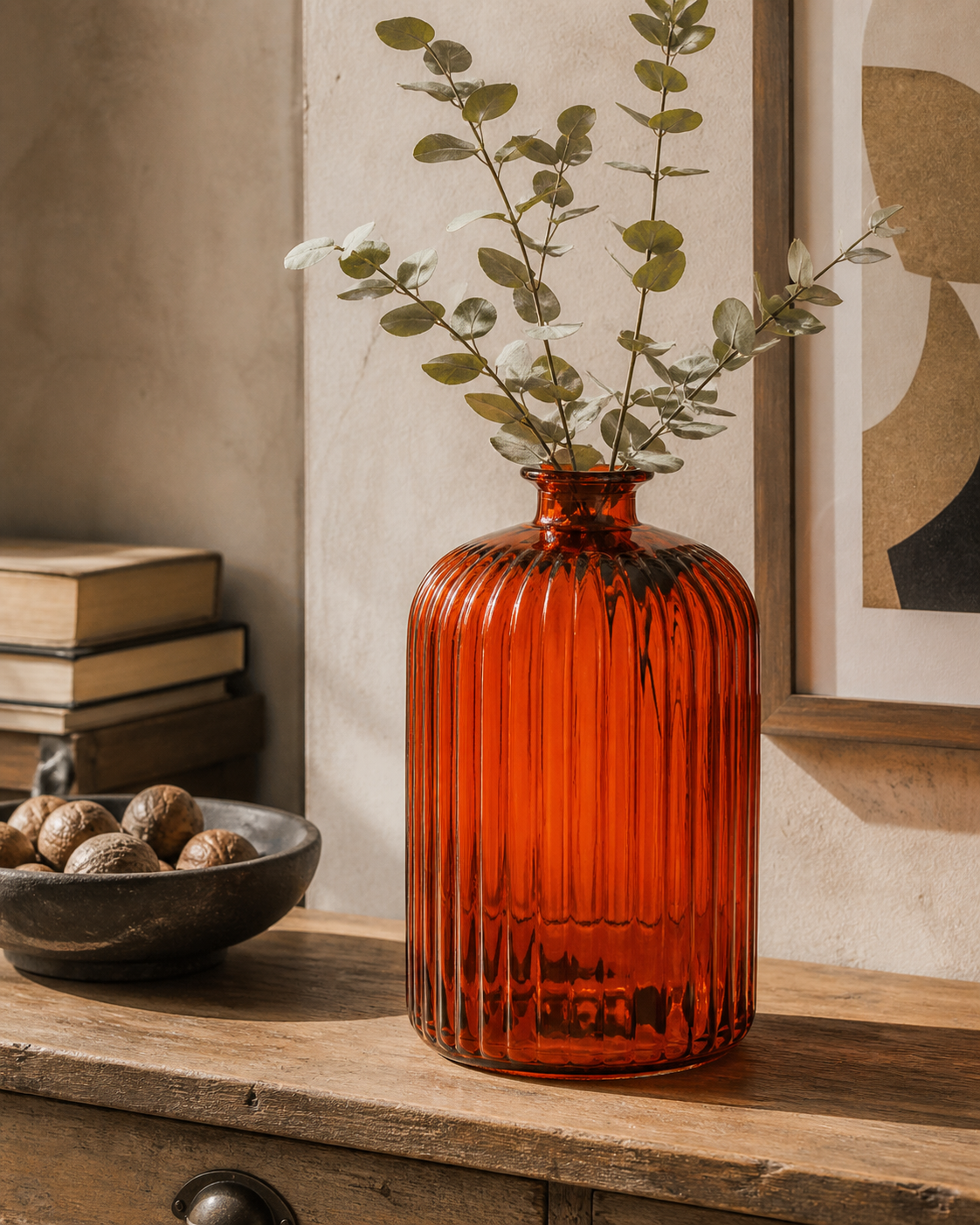 Bottiglia rigata arancio media in vetro h 23 d 14 cm