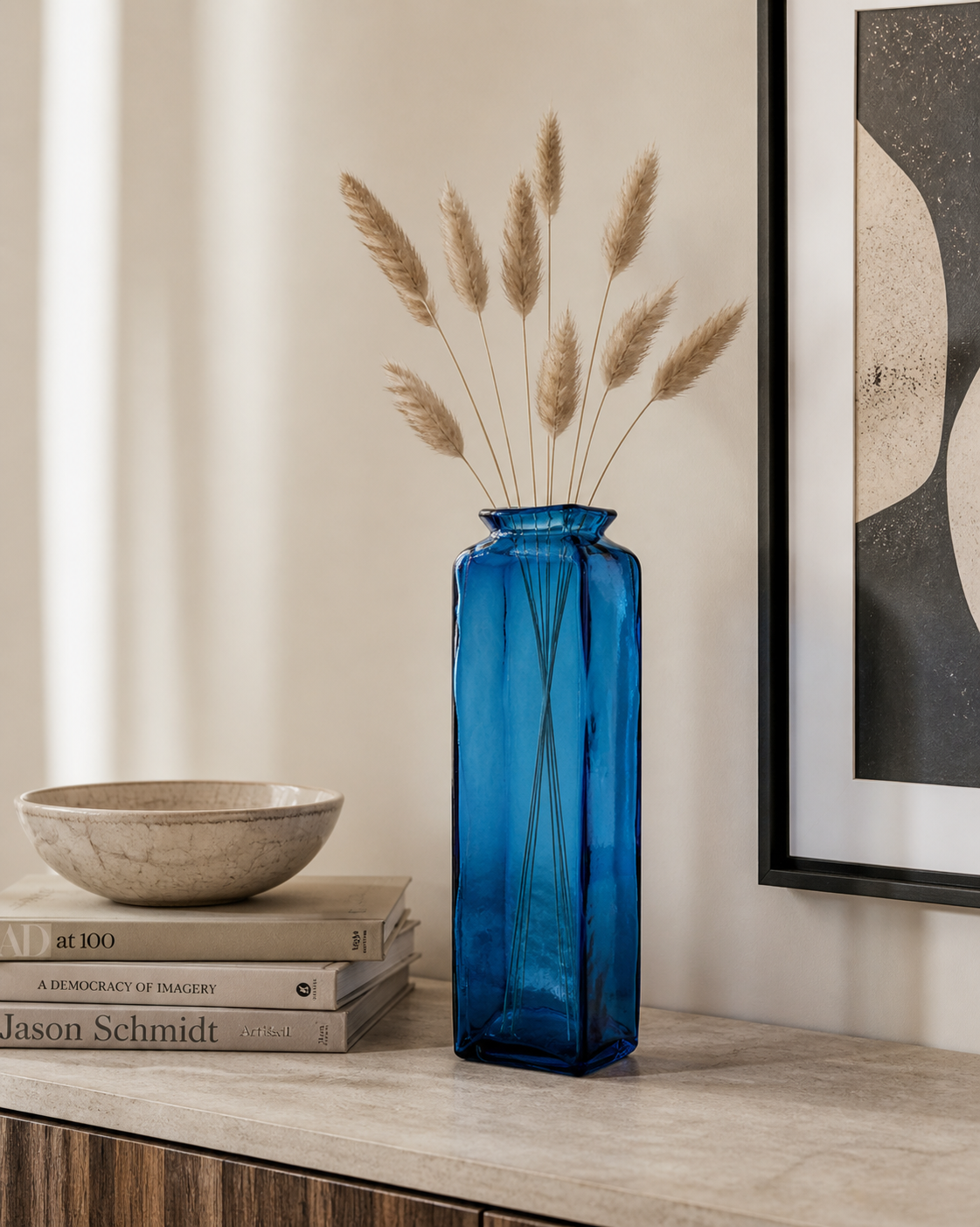 Vaso rettangolare blu in vetro h 35x14 cm