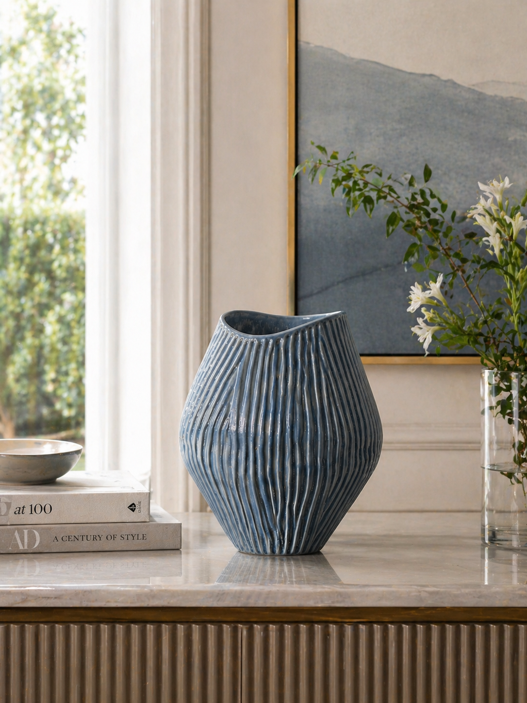 Vaso coste azzurro in ceramica h 32 d 22 cm
