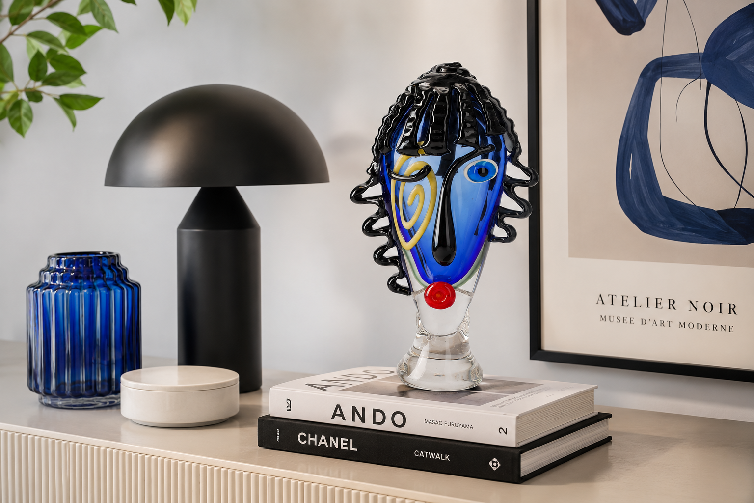 Scultura testa decorativa vetro blu/nero H35x20