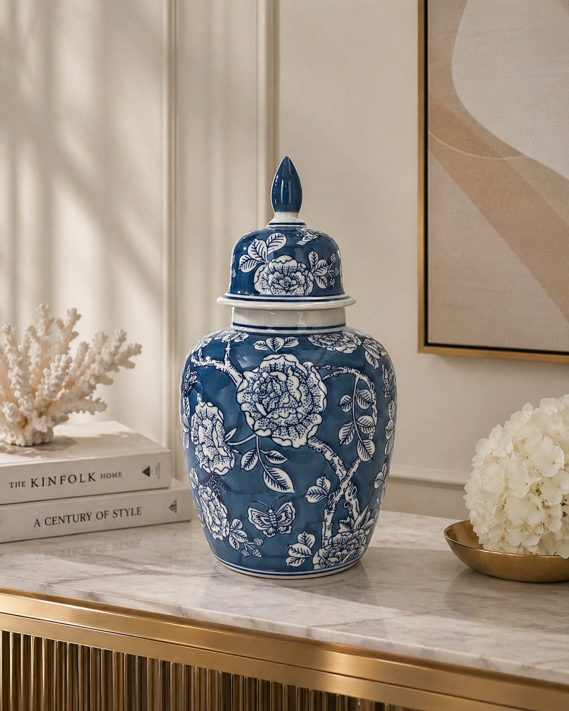Vaso potiche in porcellana blu con tappo h 45x20 cm
