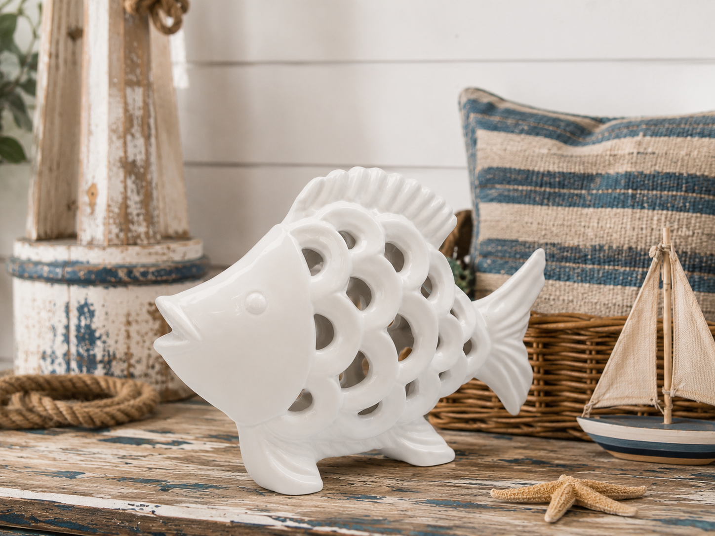 Pesce traforato bianco decorativo h 25 x 35 x 12 cm