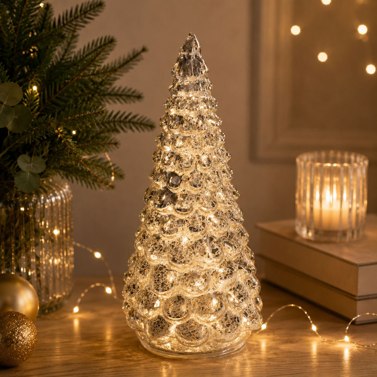 Albero silver in vetro con LED Ø 8 x 18 h cm
