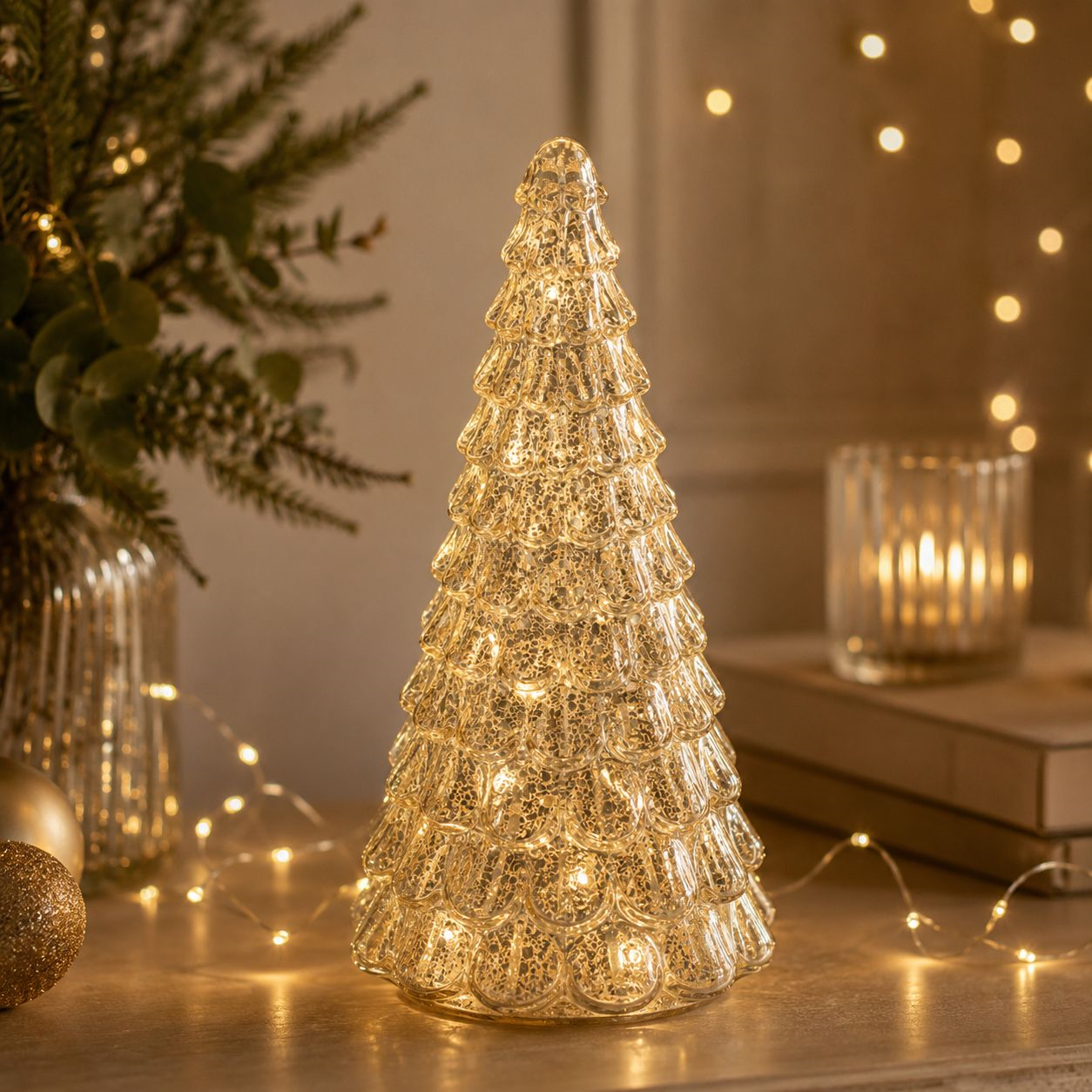 Albero oro in vetro con LED Ø 15 x 32 h cm