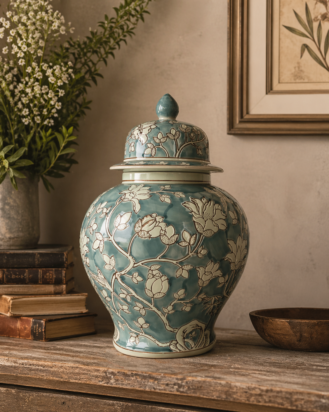 Vaso potiche bombato verde acqua in porcellana h 41 d 22 cm