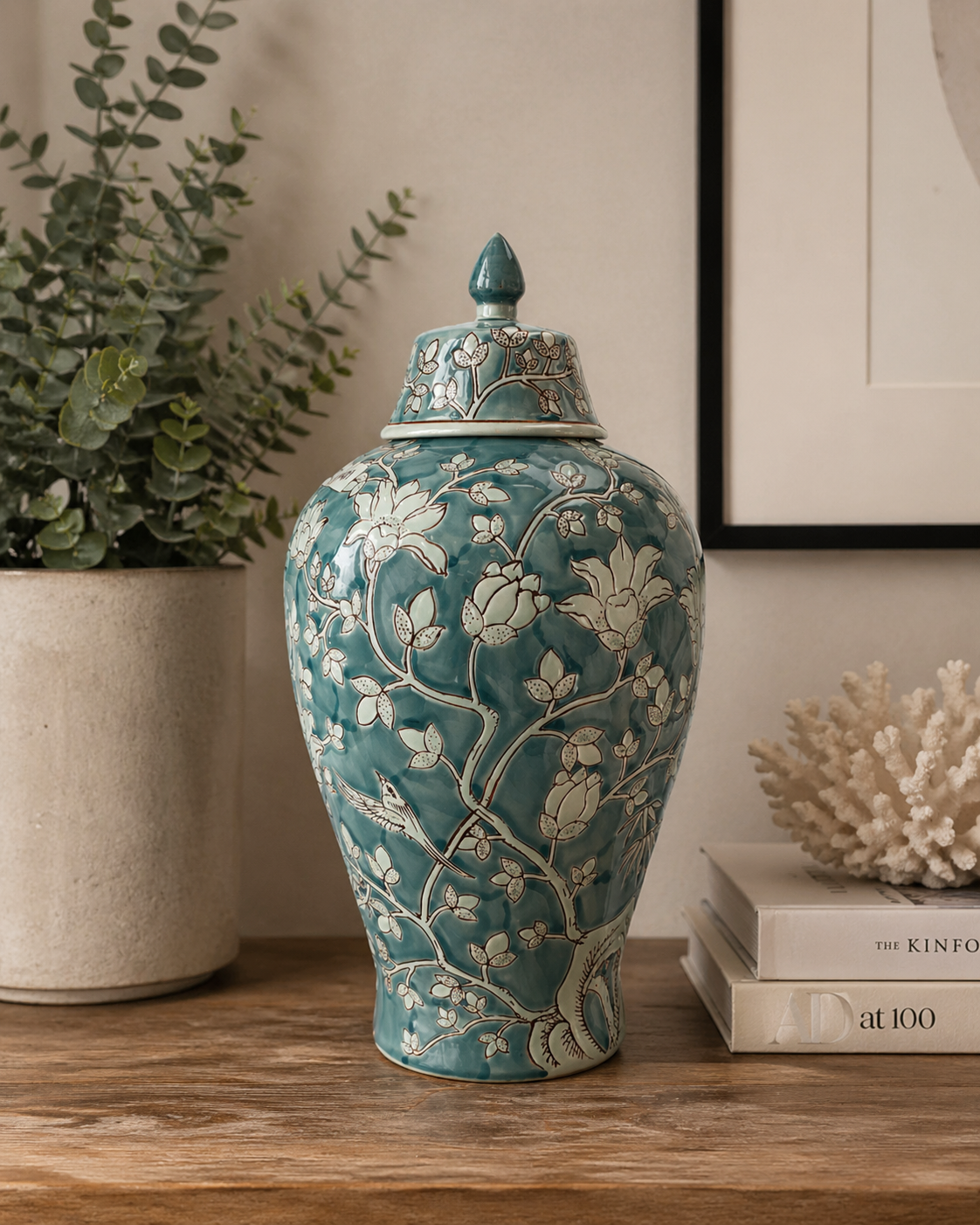 Vaso potiche verde acquamarina con tappo h 45x20 cm in porcellana
