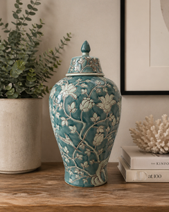 Vaso potiche verde acquamarina con tappo h 45x20 cm in porcellana