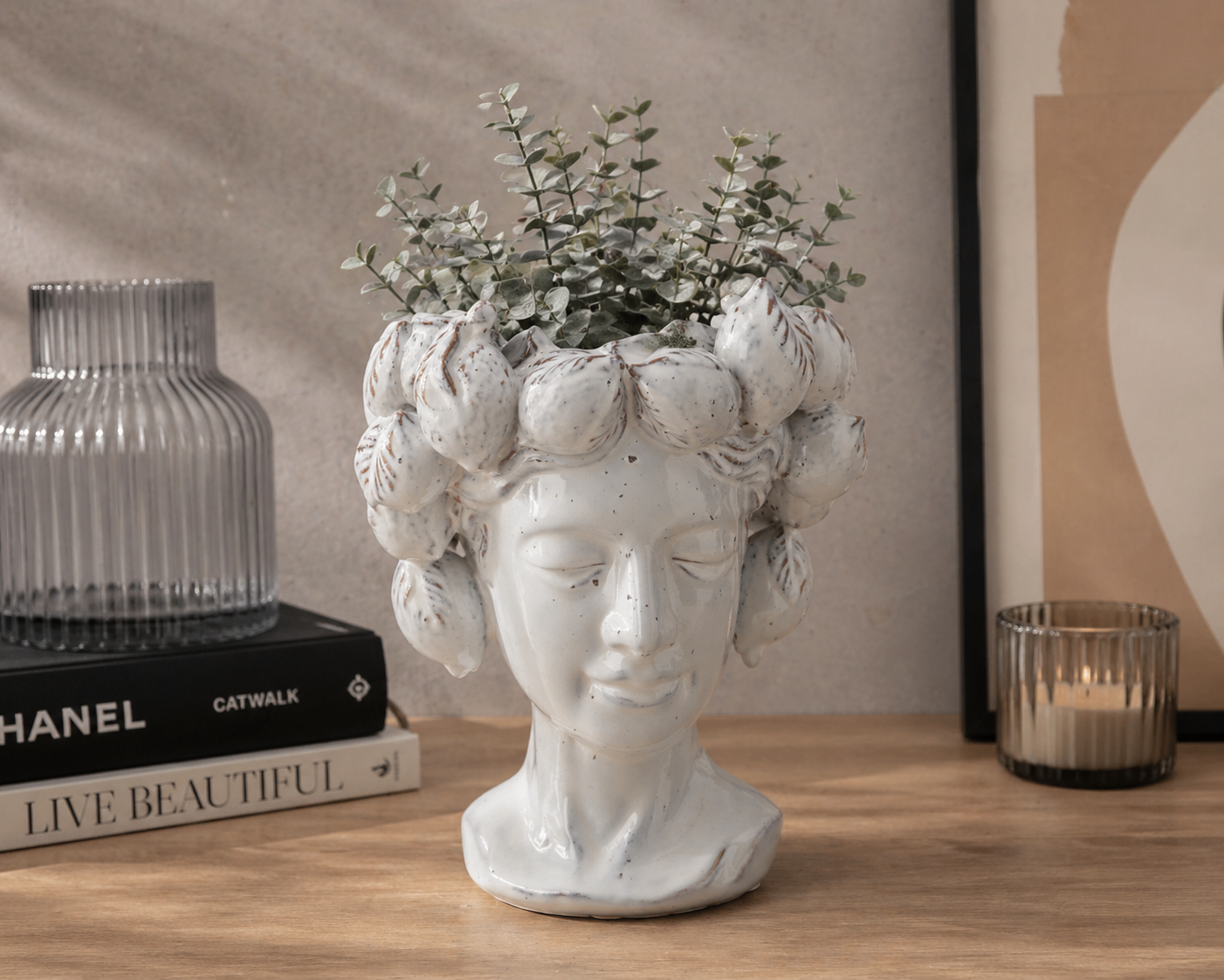 Vaso testa donna con limoni in ceramica d 25 h 28 cm