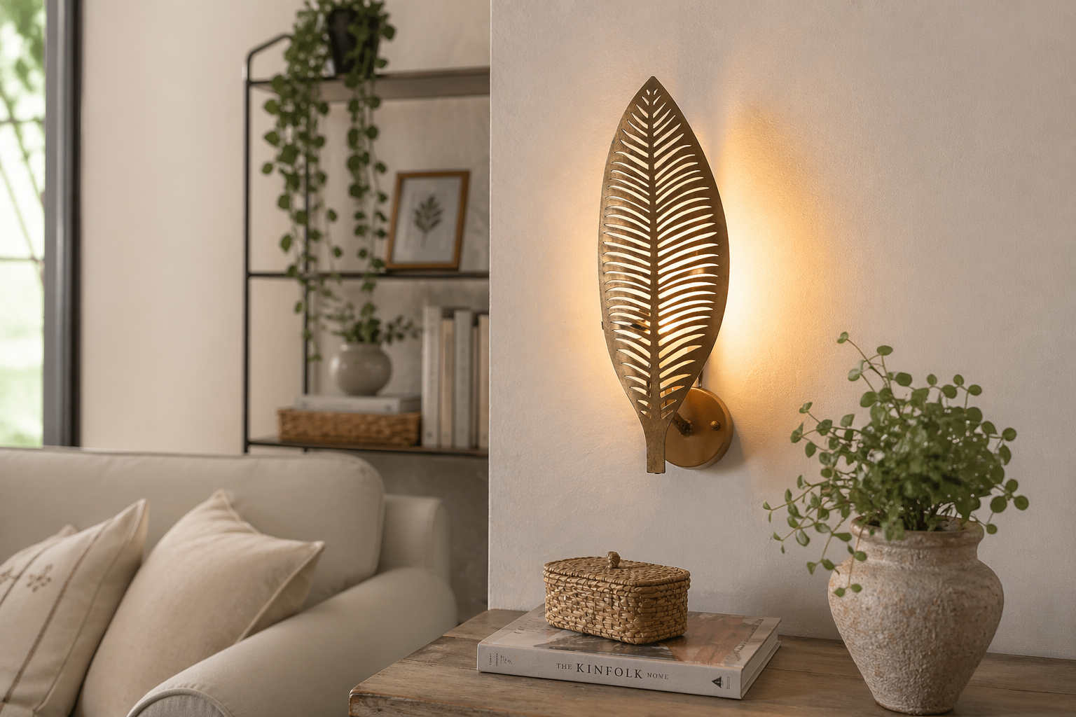 Applique 1 luce foglia h 50x15x16 cm in metallo oro