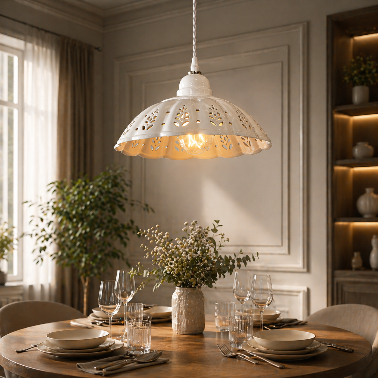 Lampadario in ceramica traforata d 42 cm con treccia