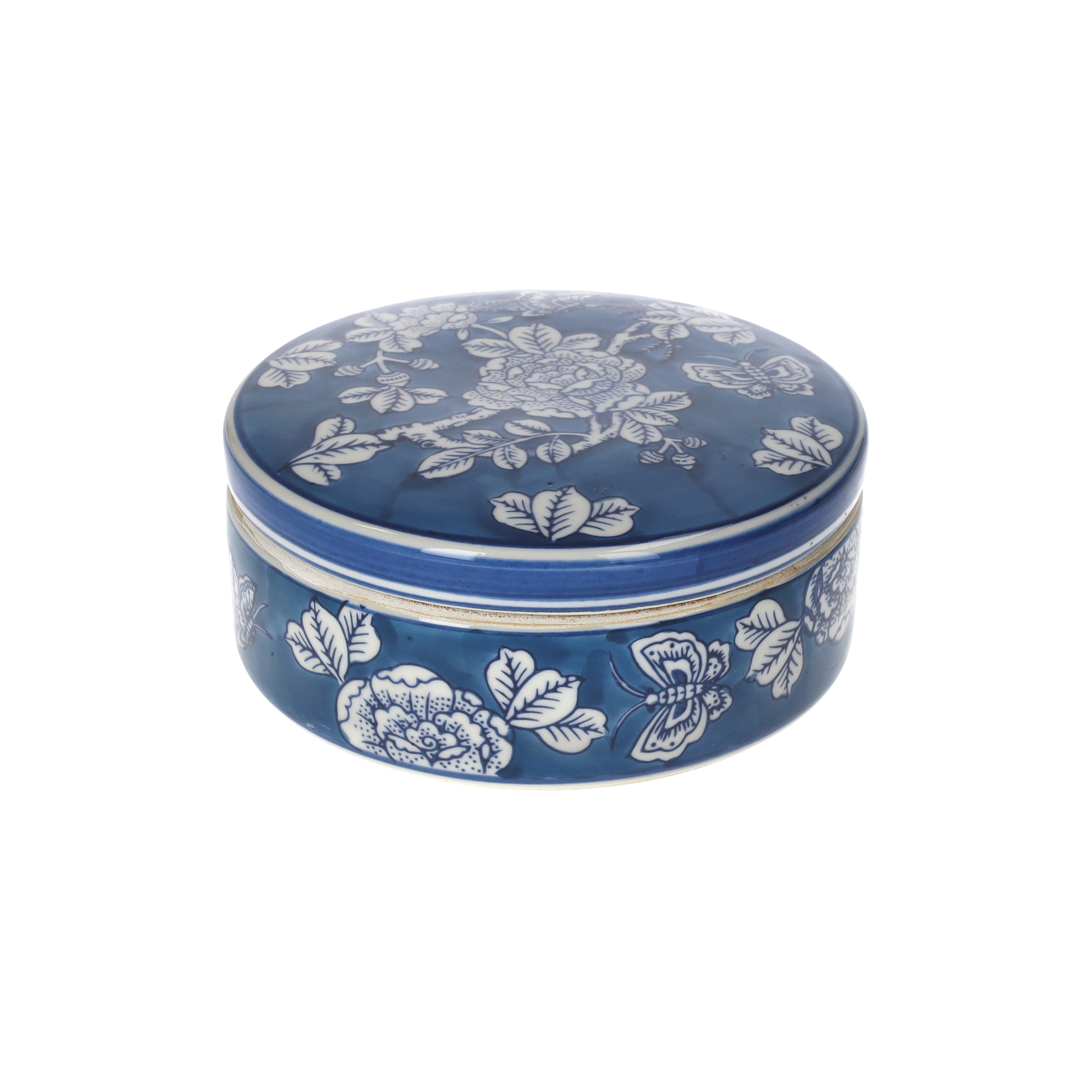 Cofanetto blu e bianco in ceramica h 8 d 17 cm