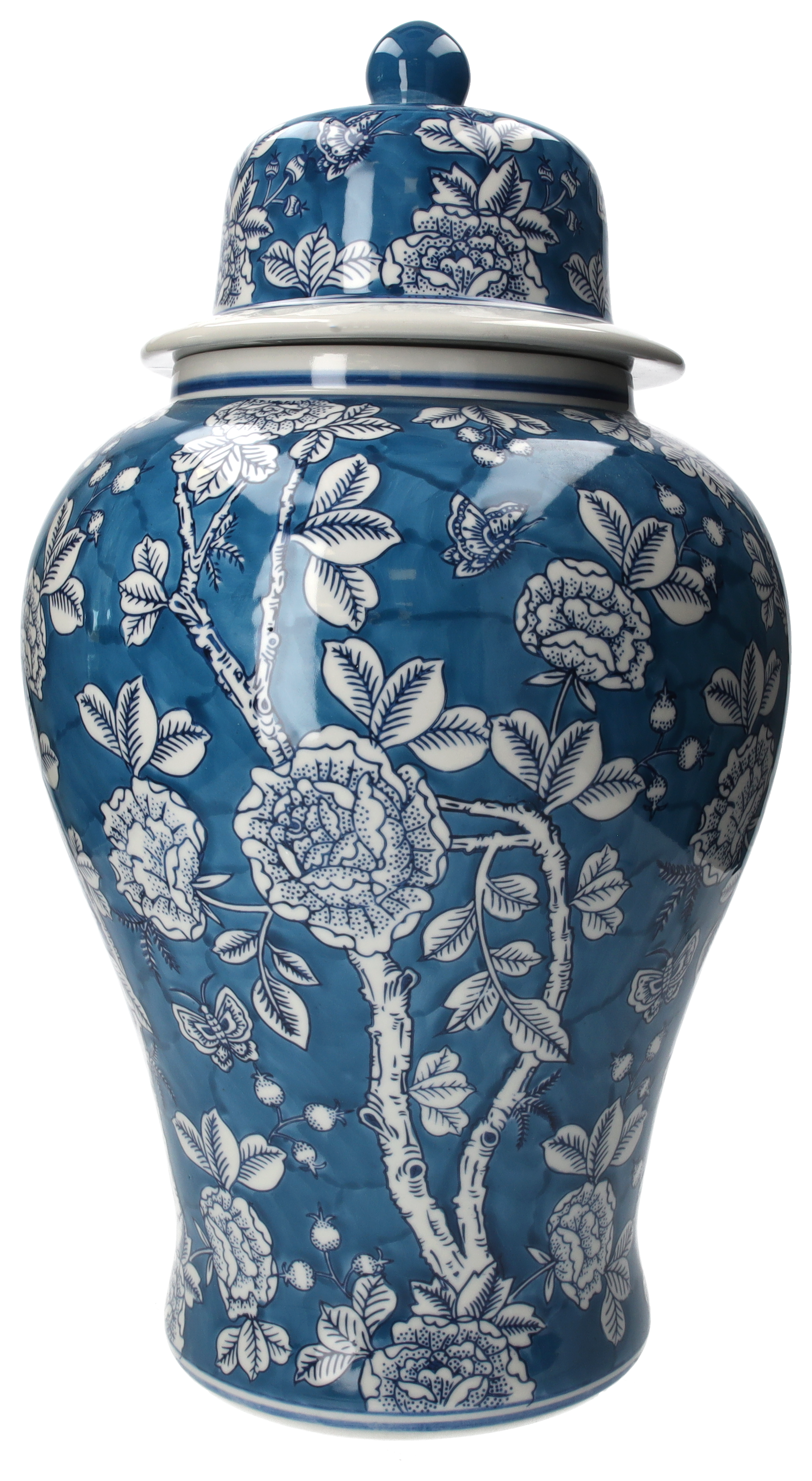 Vaso potiche grande blu con decori bianchi in porcellana h 52x28 cm