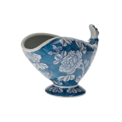 Vaso gallina stilizzato in ceramica bianco e blu h 12x20 cm