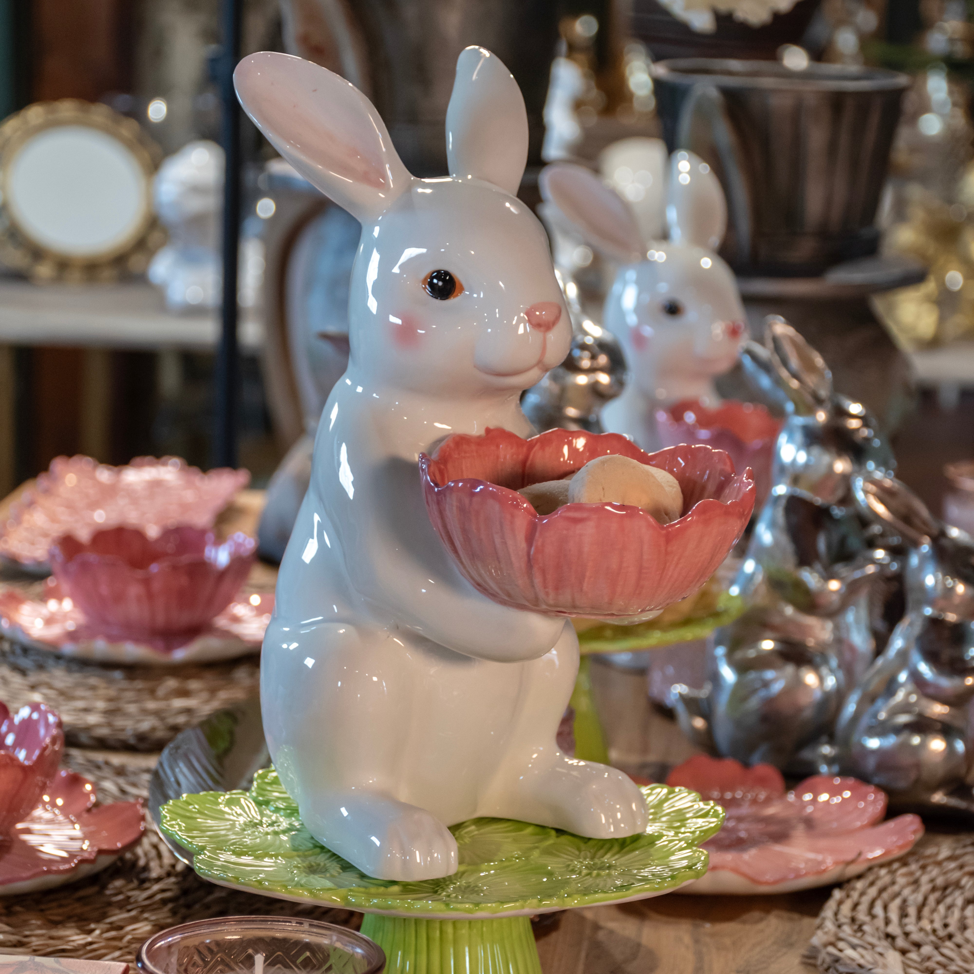 Coniglio con ciotola ceramica rosa/bianco H30x25x15