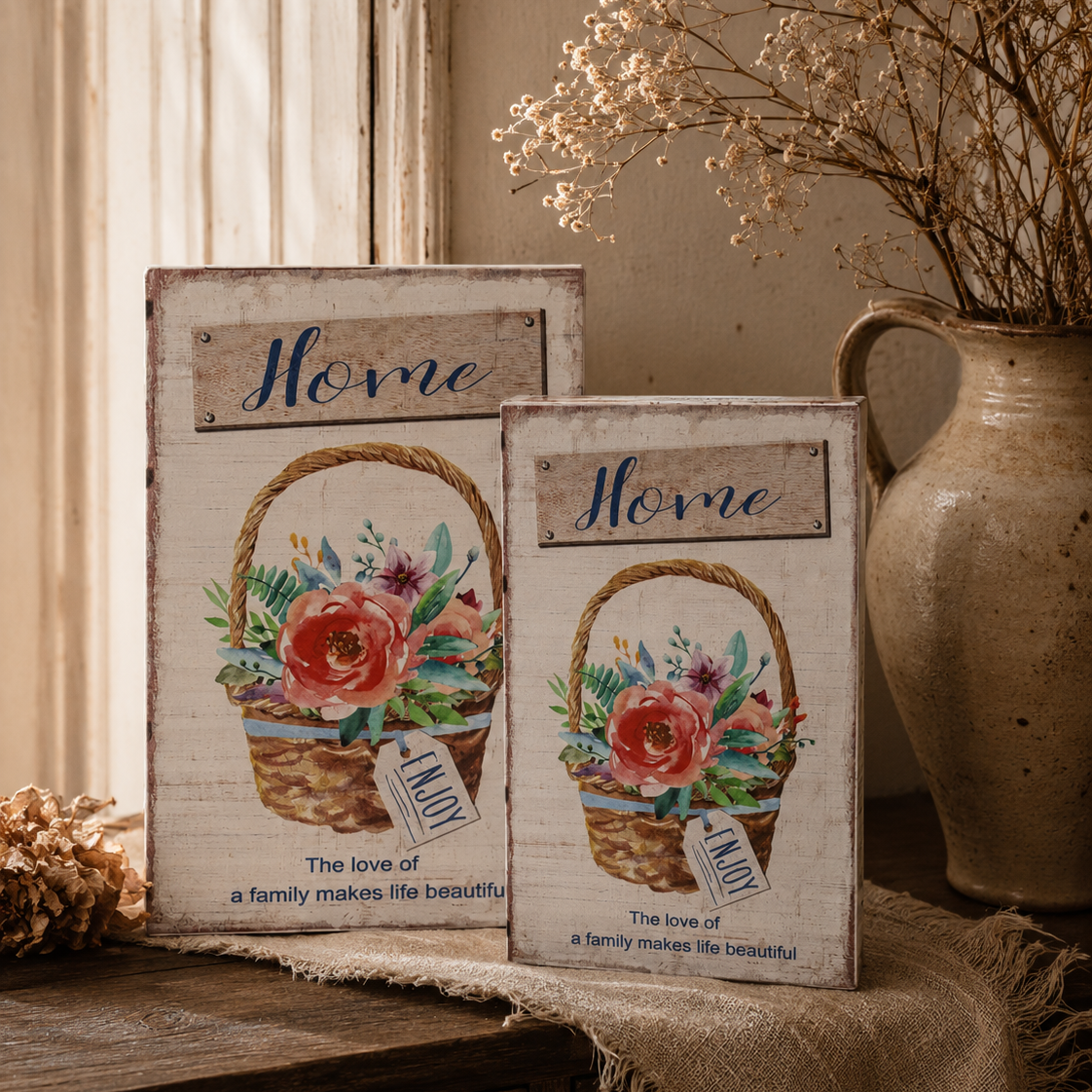 Coppia scatole finti libri Enjoy con fiori in MDF