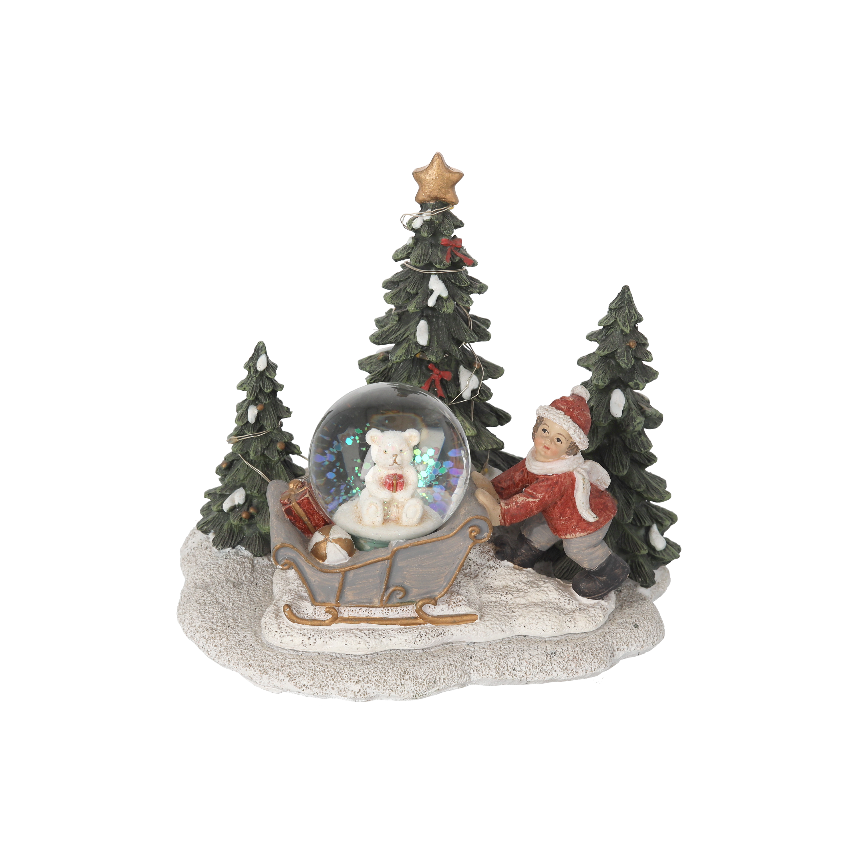 Bimbo con sfera e abeti LED h 13 x 15 x 12 cm
