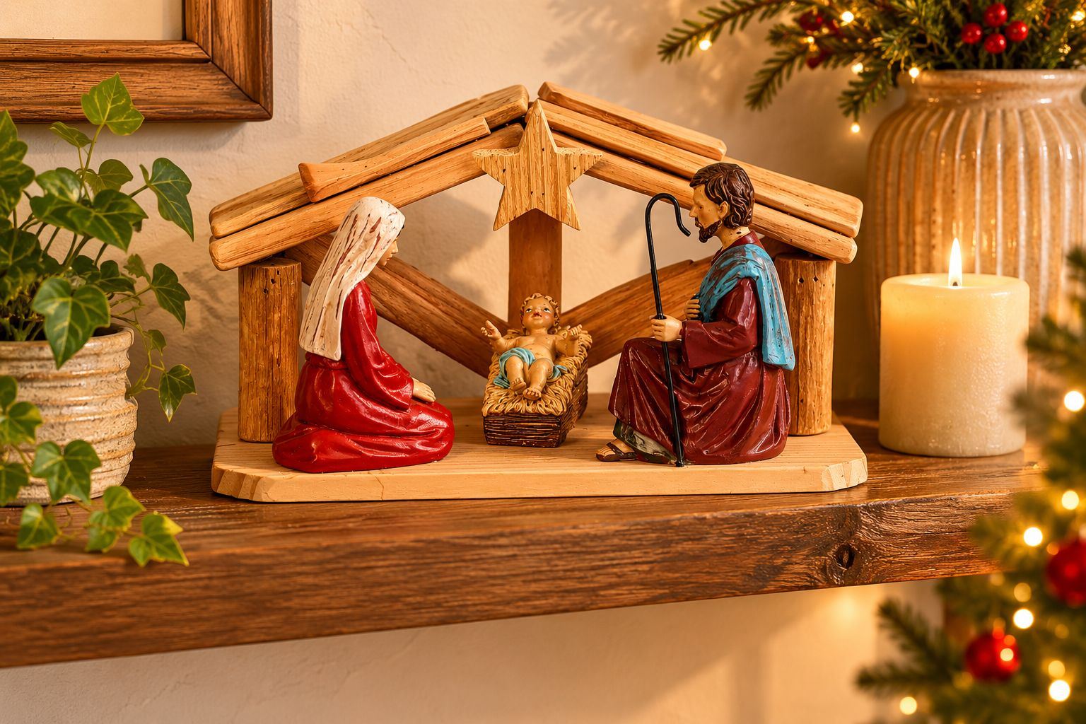 Natività con capanna in legno 23 x 13 x 13 cm