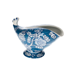 Vaso gallina stilizzato in ceramica blu e bianco h 15x26 cm