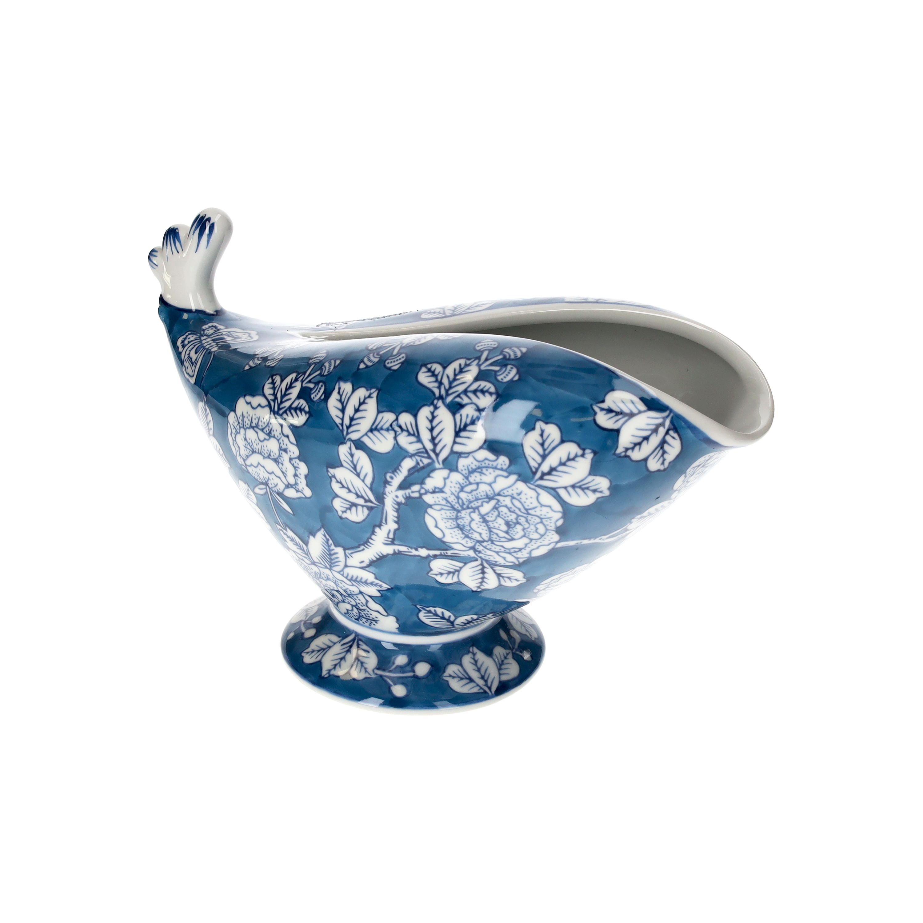 Vaso gallina stilizzato in ceramica blu e bianco h 15x26 cm