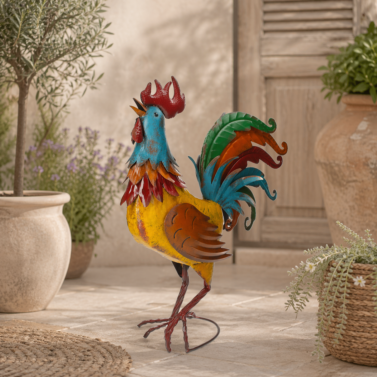 Decorazione da giardino gallo grande h 61x47x10 cm in ferro colorato