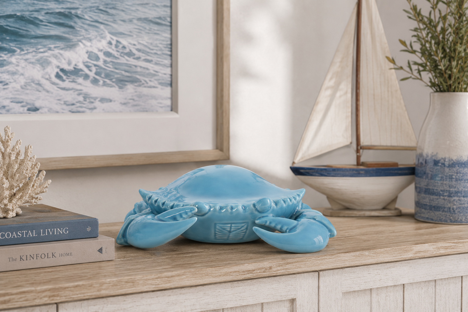 Granchio decorativo ceramica azzurro H6x23x20