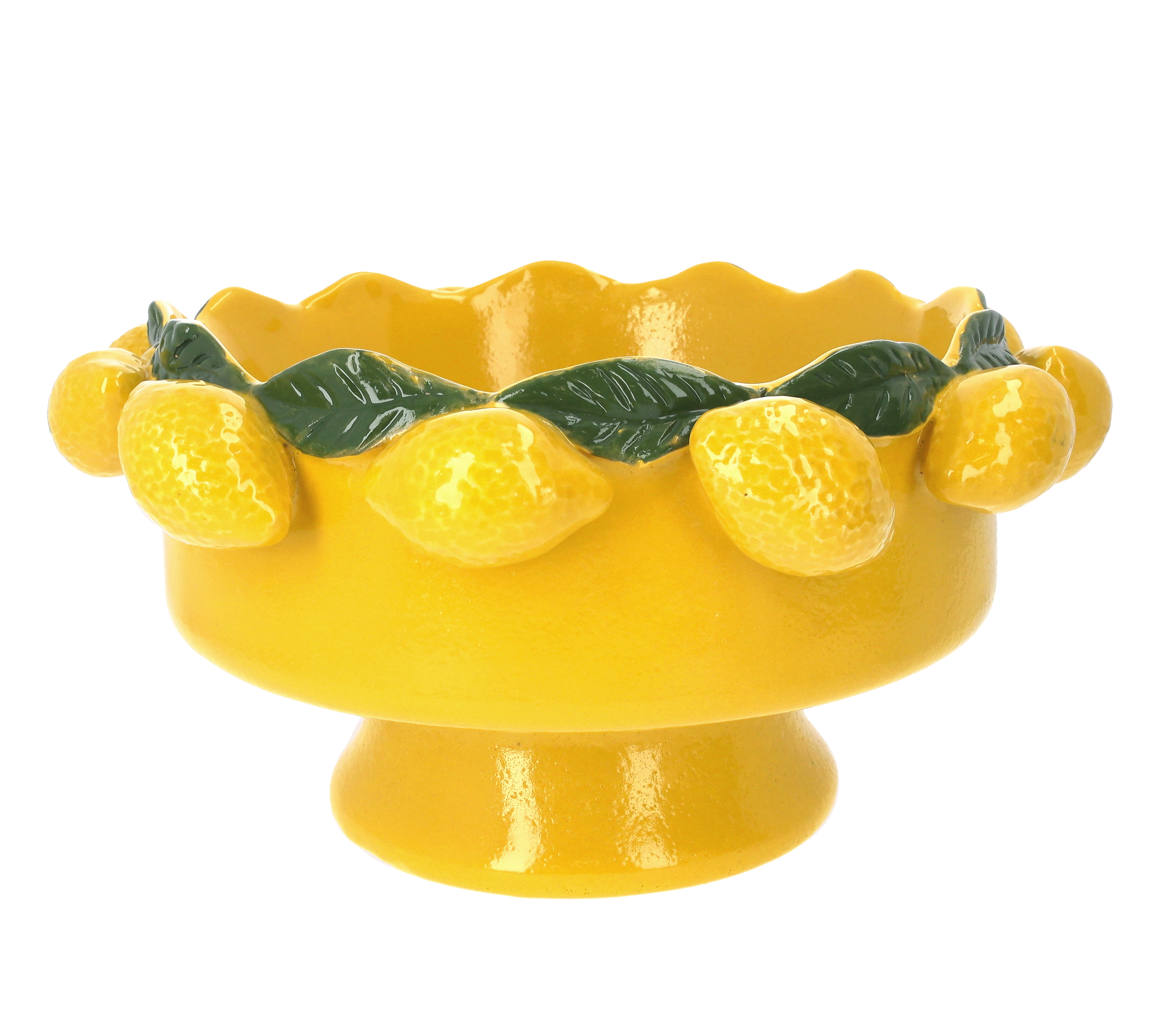 Alzata gialla con limoni in ceramica h 29 d 37 cm