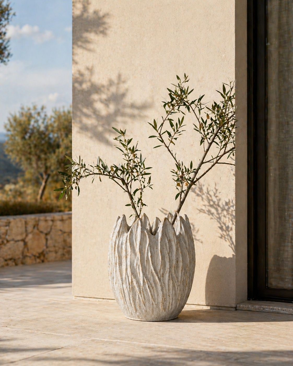 Portavaso foglie in ceramica bianco con sfumature h 40 d 36 cm