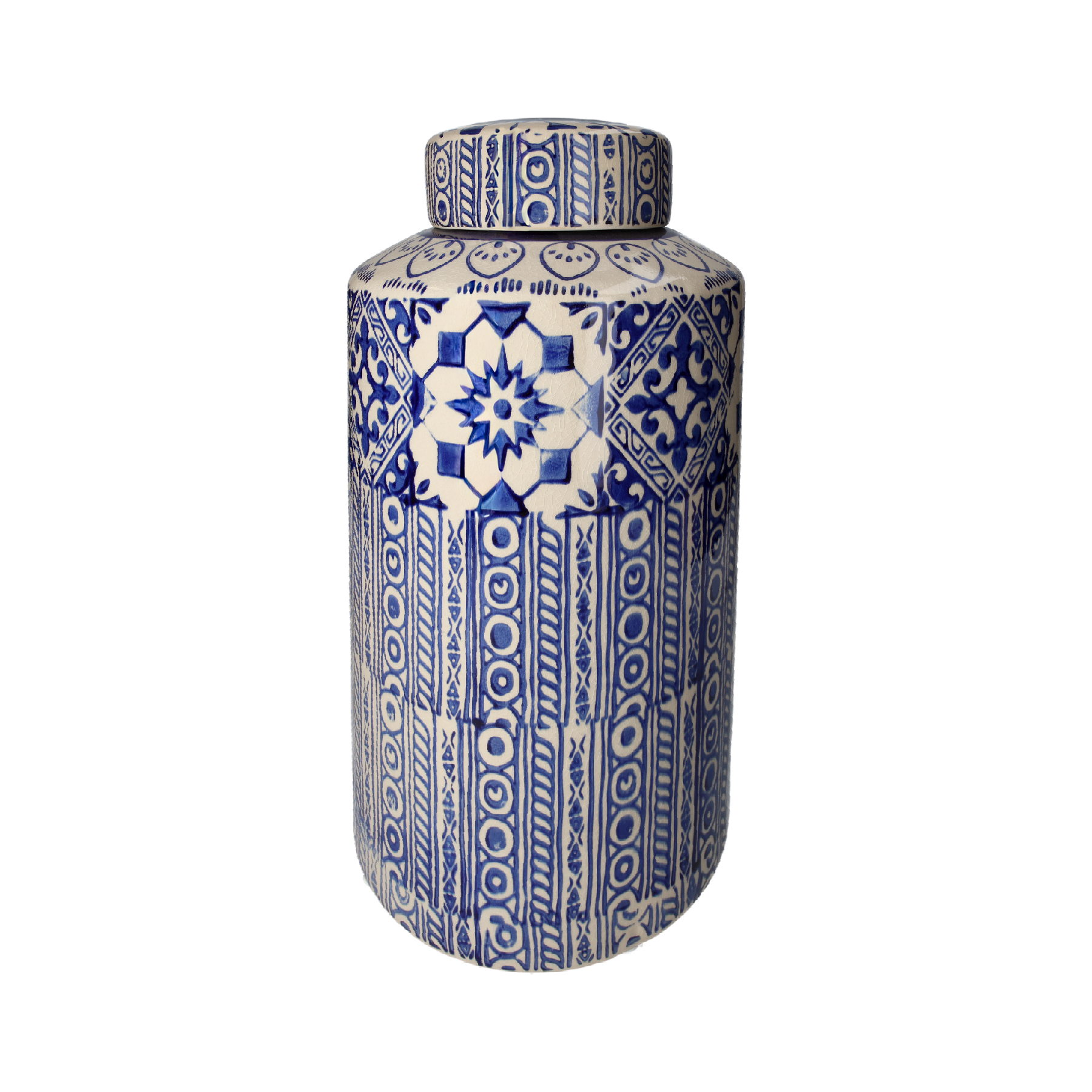 Potiche decoro blu in ceramica d 25 h 45 cm con tappo