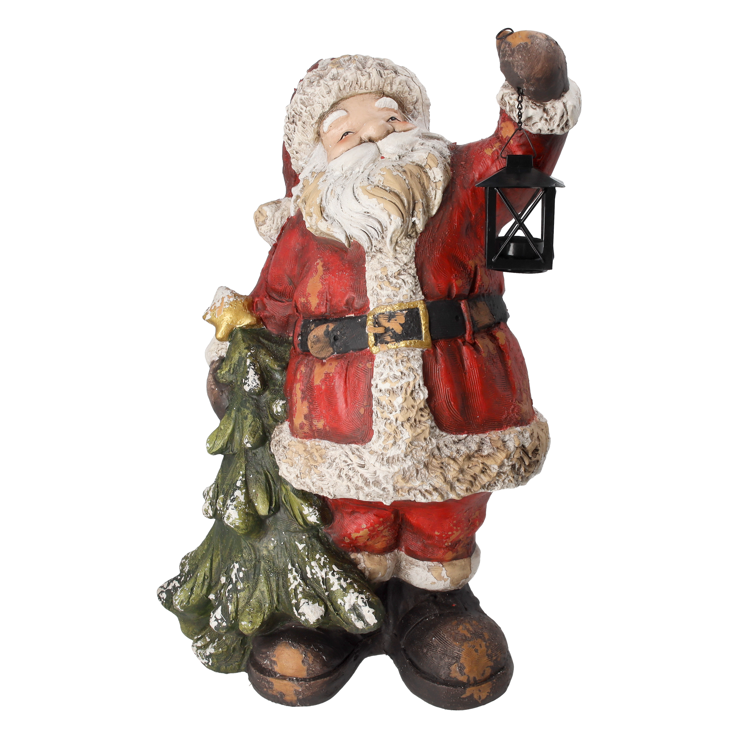 Figura di Babbo Natale con albero e lanterna, in resina